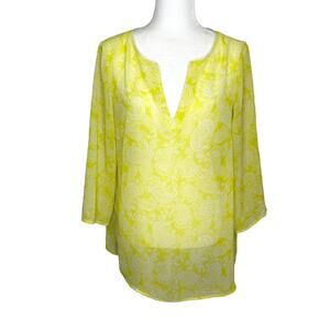 Ann Taylor Lemon Yellow and White Paisley Sheer V-Neck Tunic Blouse Cover Up